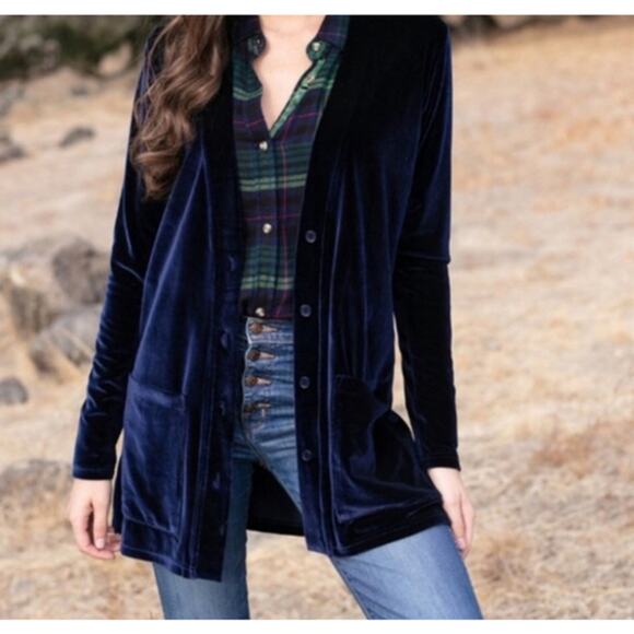 Evy Tree Women's Velour Cardigan Navy Blue Size Small - Picture 2 of 6
